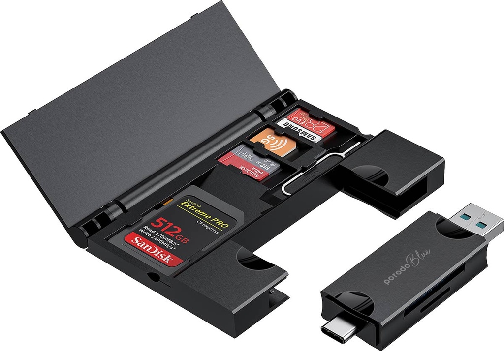 رم ریدر و نگهدارنده مموری پرودو | Porodo Blue 2-in-1 Card Reader with Card Holder